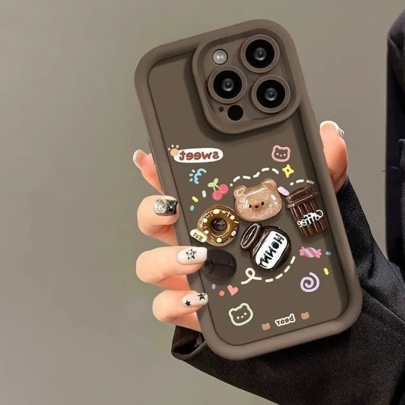Cute 3D Bear Coffee Donut Phone Case For iPhone