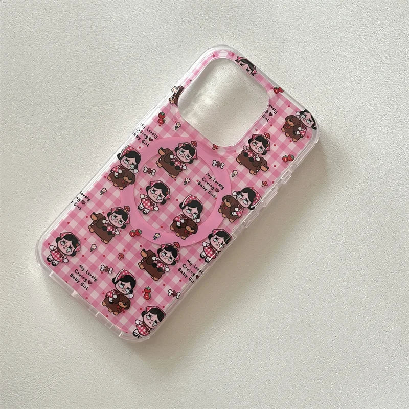 Fashion Pink Plaid Pattern Glitter Cute Magnetic Phone Case For iPhone
