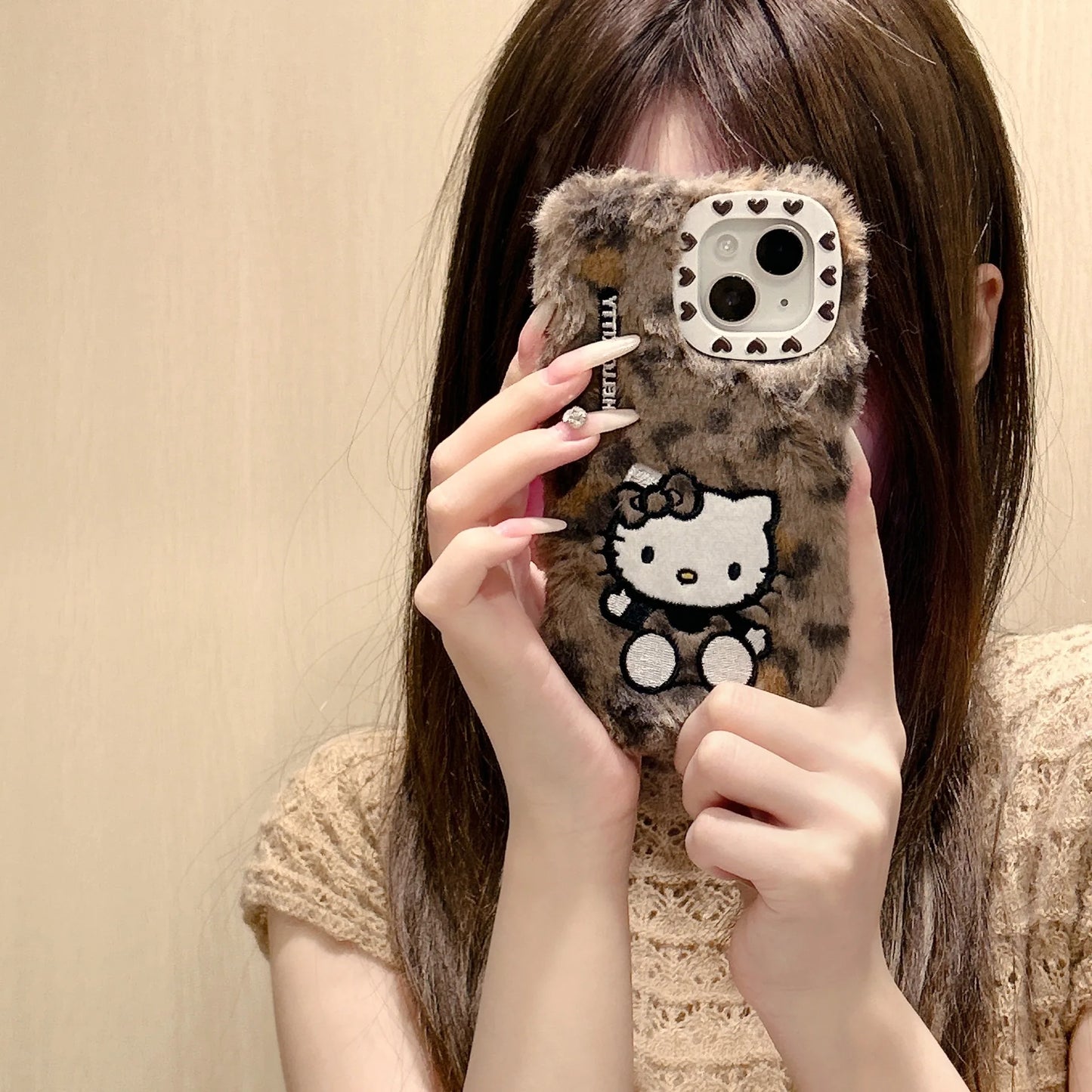 Hello Kitty Ins Plush Leopard Print Phone Case For iPhone