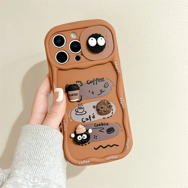 3D Cartoon Coffee With Wrist Strap Phone Case For iPhone