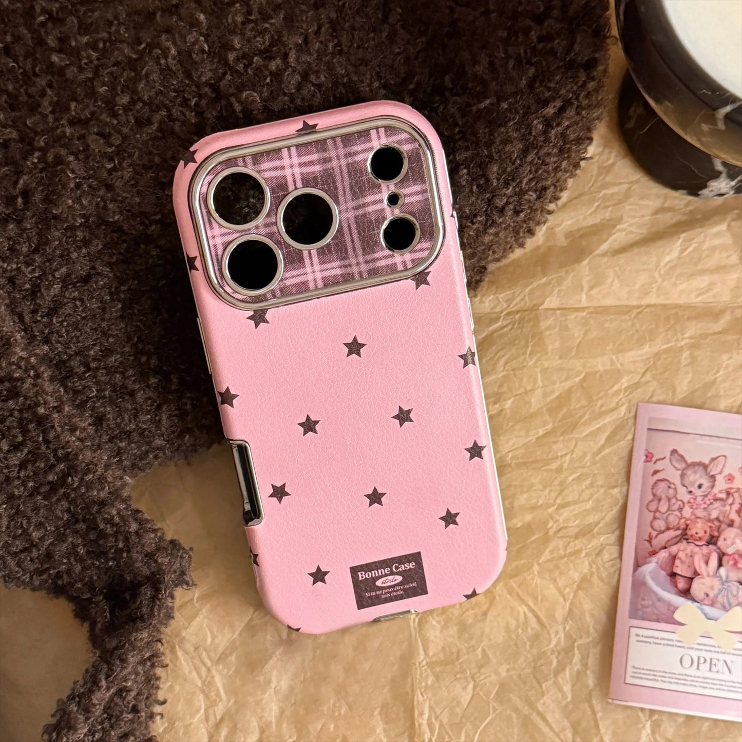 Korean Retro Stars Plating Leather Texture Phone Case For iPhone