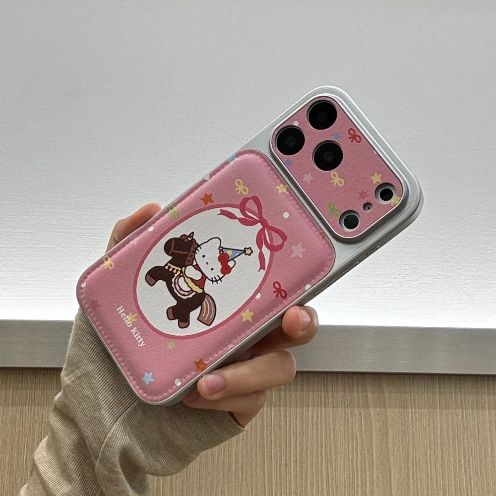 Korean Pink Riding Kitty Large Window Leather Phone Case For iPhone