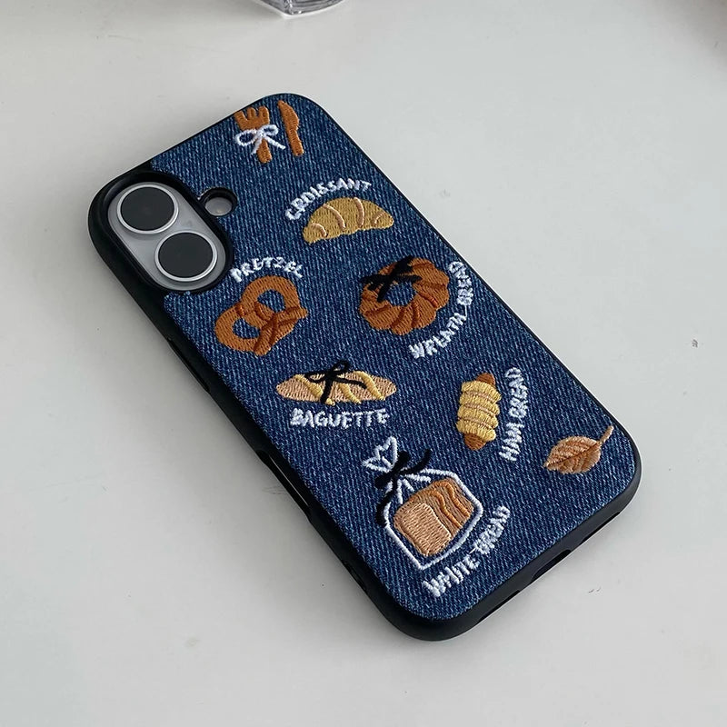 Retro Denim Embrpoidery Bread Toast Warm Fabric Phone Case