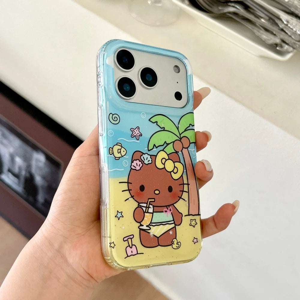 Summer Beach Black Skin HelloKitty Glitter Clear Phone Case Coconut Tree Shockproof Protective Cover For iPhone