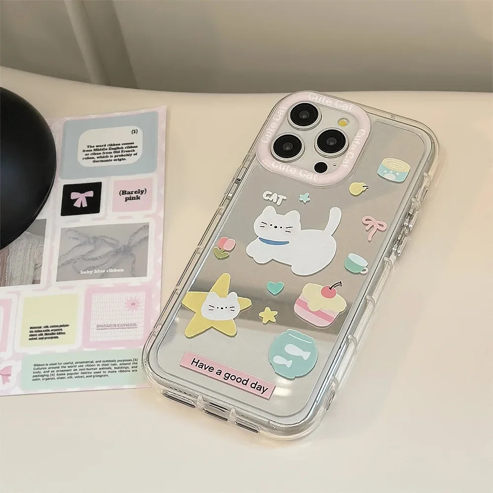 Korean Cartoon White Cat Bracket With Lanyard Makeup Mirror Phone Case For iPhone