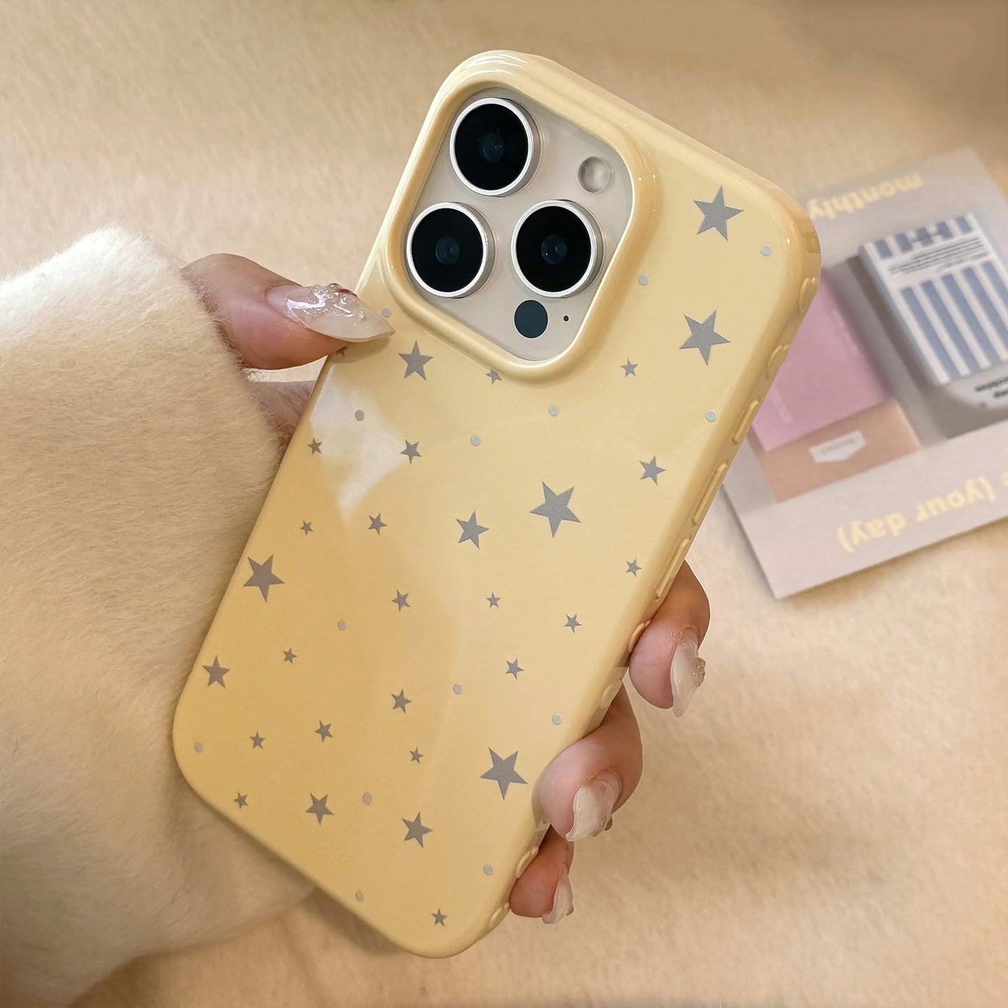 Korean Style Yellow Full Screen Grey Stars Soft Phone Case For iPhone