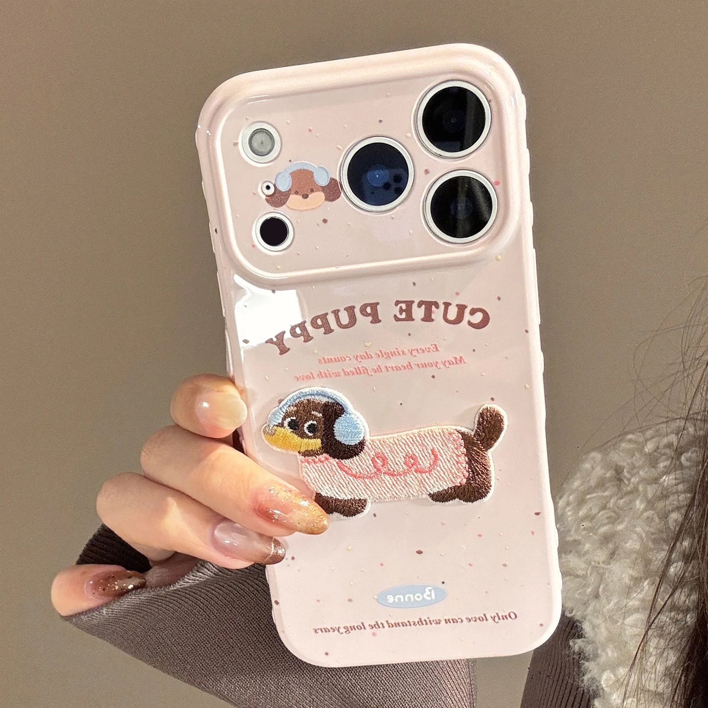 Korean Cute Cartoon Embroidery Plush Puppy Kitten Couple Phone Case For iPhone