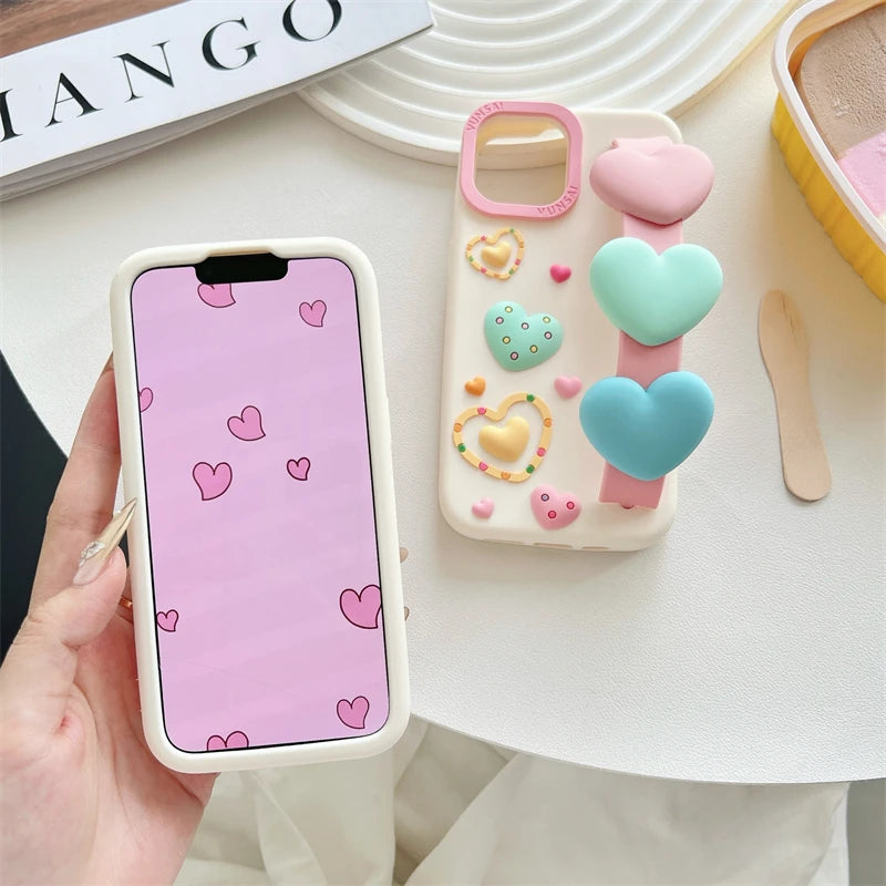 3D Love Heart Wrist Strap Phone Case For iPhone