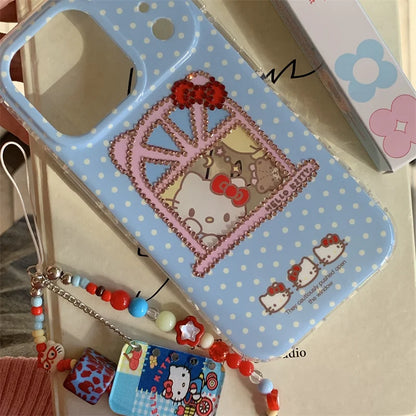 Korean Blue Polka Dot Cute Kitty Phone Case For iPhone