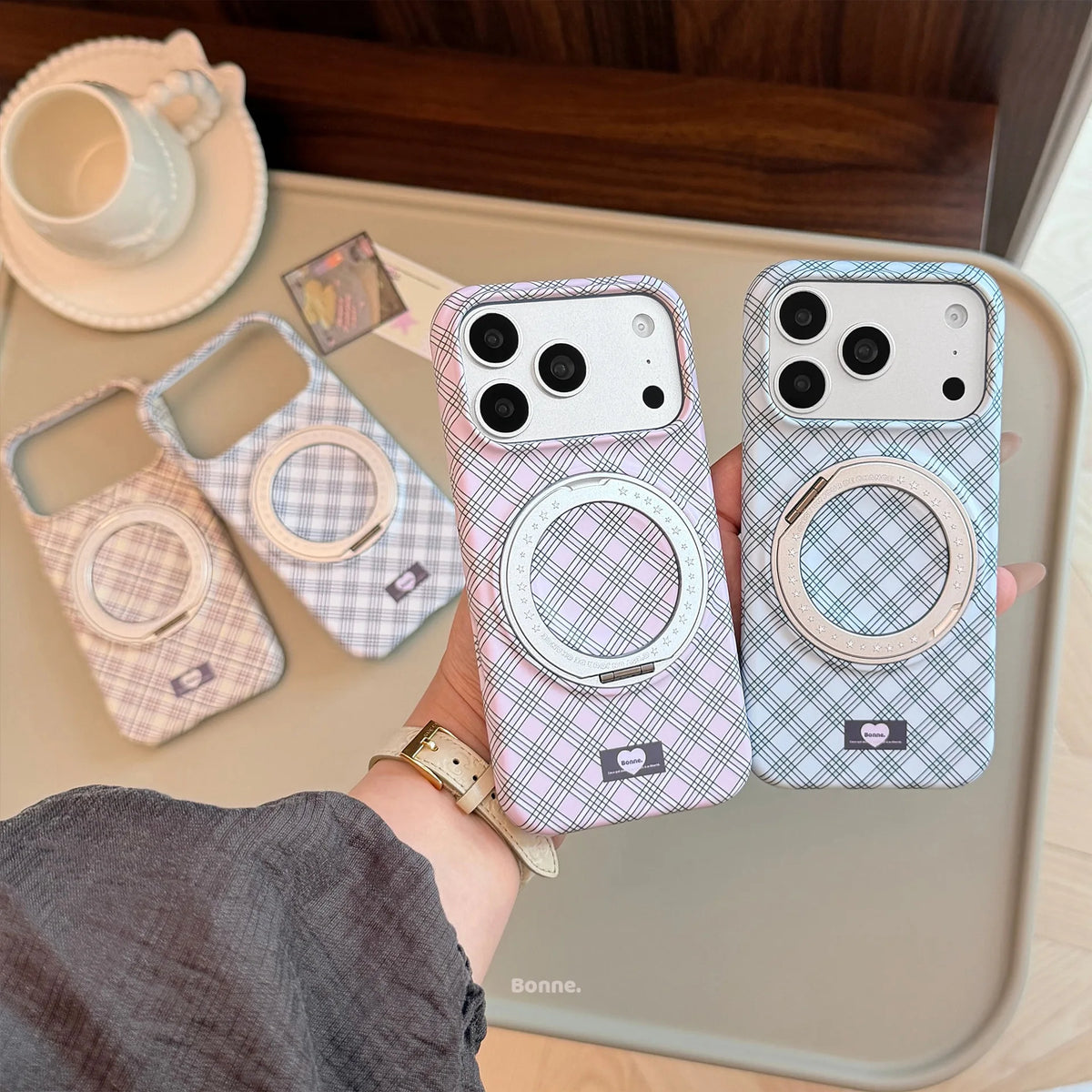 Korean Grid Pattern Fold 360° Rotating Ring Magnetic Bracket Phone Case For iPhone