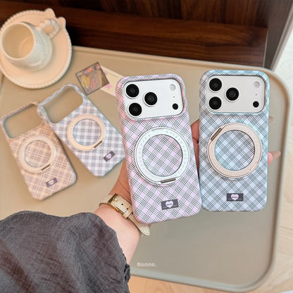 Korean Grid Pattern Fold 360° Rotating Ring Magnetic Bracket Phone Case For iPhone