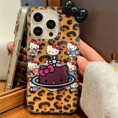 Hello Kitty Bow Lepard Print Face Phone Case For iPhone