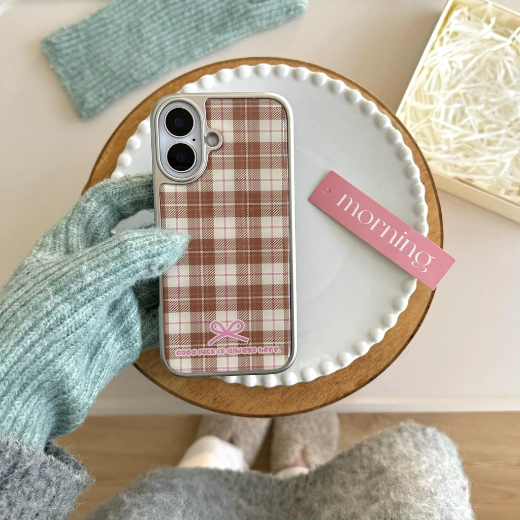 Grid Pattern Pink Bowknot Pattern Drop Glue Cover Case for iPhone Phone Case