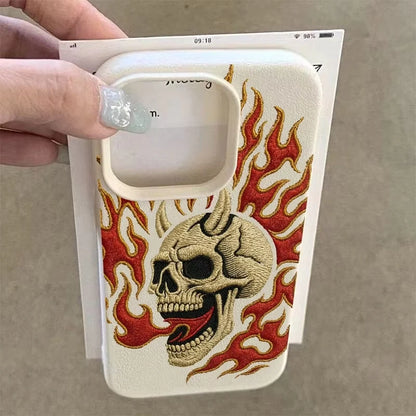 Flame Skull Embroidery Pattern Lychee Texture Phone Case For iPhone