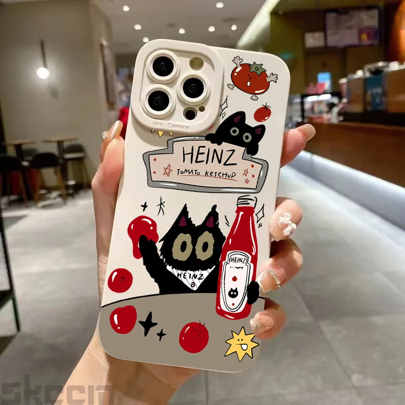 Tomato Sauce Black Cat Pattern Phone Case For iPhone