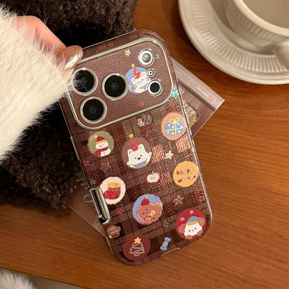 Korean Christmas Cartoon Puppy Bracket Leather Texture Phone Case For iPhone