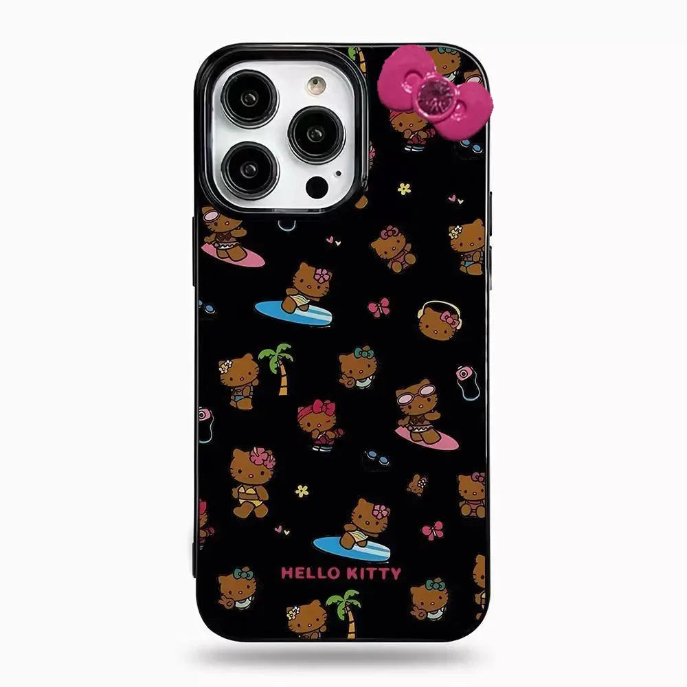 Black Skin Hello Kitty Sexy Bow Strap Mirror Phone Case For iPhone