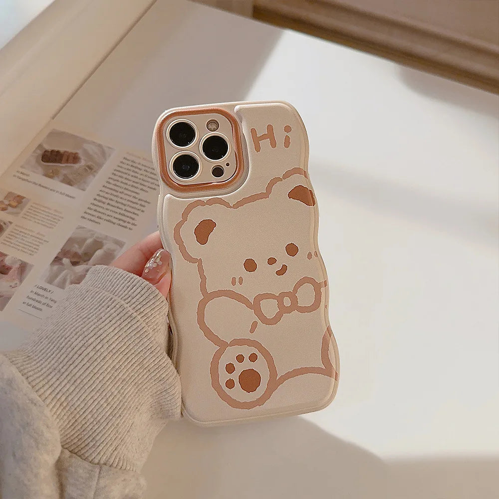 Korean Cartoon Bear Pattern Wavy Edge Phone Case For iPhone