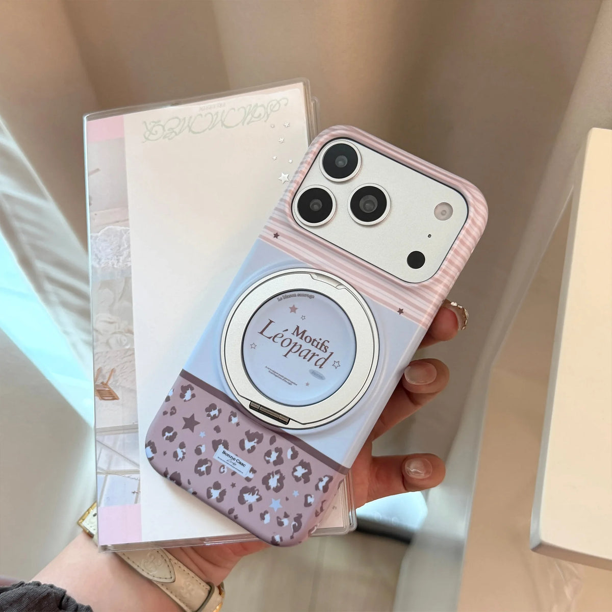 Korean Striped Splicing Fold 360° Rotating Magnetic Bracket Phone Case For iPhone