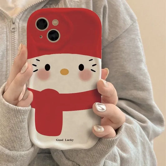 Winter Snowman Hello Kitty Red Bow Strap Phone Case For iPhone