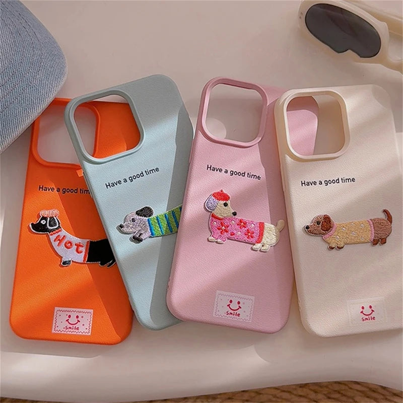 Cute Cartoon Dachshund Litchi Pattern Phone Case For iPhone