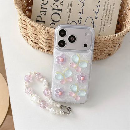 Korean 3D Colorful Flowers Butterfly Glitter Drop Glue With Chain Phone Case For iPhone