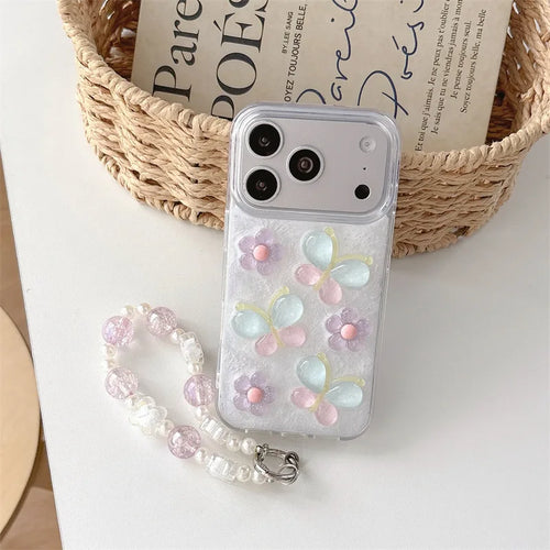 Korean 3D Colorful Flowers Butterfly Glitter Drop Glue With Chain Phone Case For iPhone