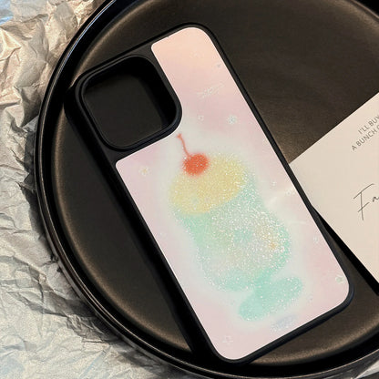 Korean Black Frame Glitter Cherry Juice Cup Phone Case For iPhone
