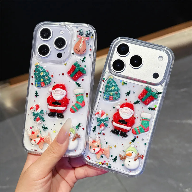3D Cute Cartoon Christmas Drop Glue Glitter Phone Case For iPhone