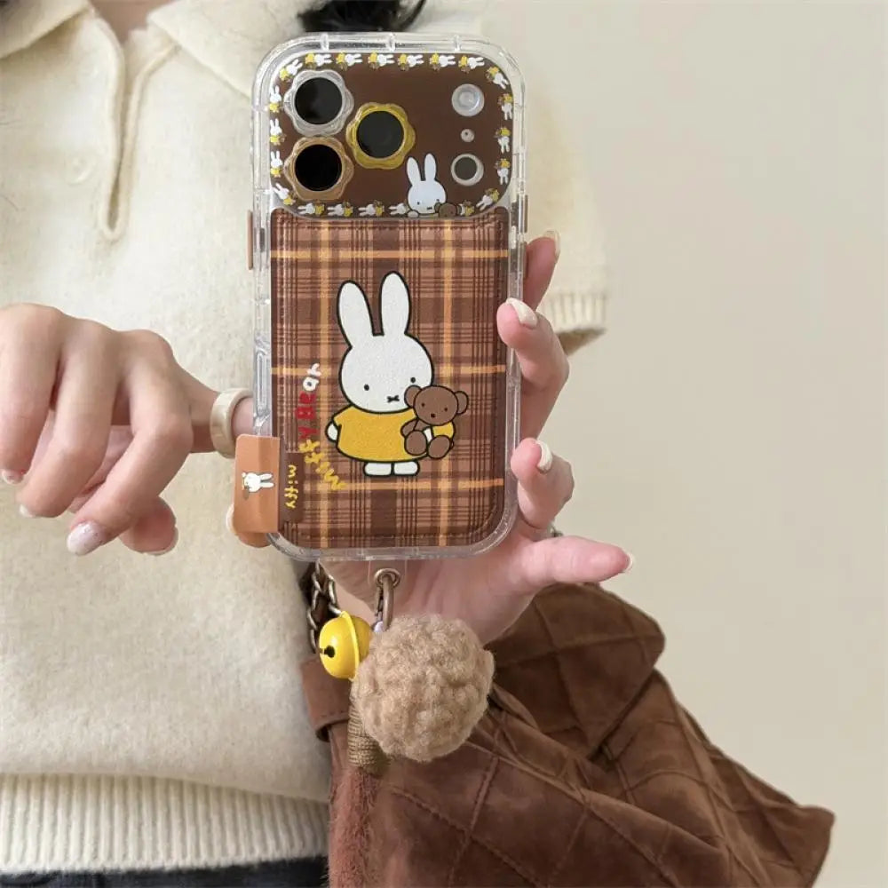 Brown Plaid Miffy Phone Case With Card Holder Bunny Bear Pattern Cute Cover For iPhone