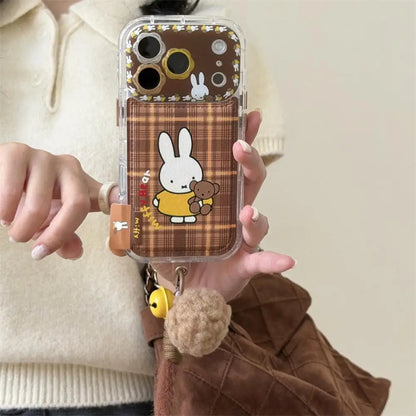Brown Plaid Miffy Phone Case With Card Holder Bunny Bear Pattern Cute Cover For iPhone