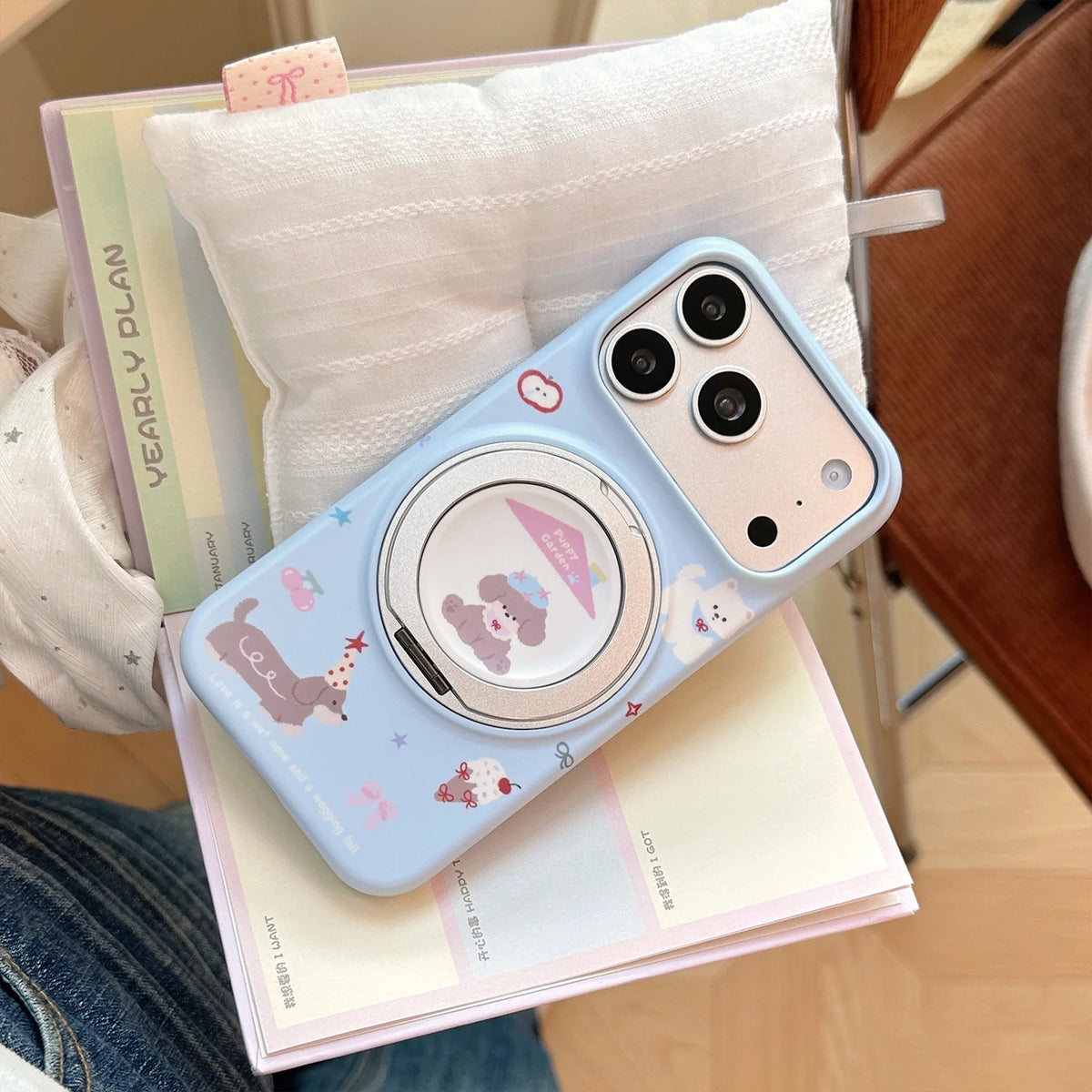 Korean Fold 360° Rotating Cartoon Puppy House Magnetic Holder Phone Case For iPhone
