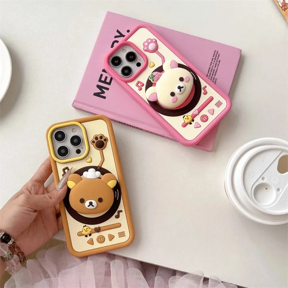 Rotating Record Player Rilakkuma Retractable Stand Phone Case, Compatible With iPhone