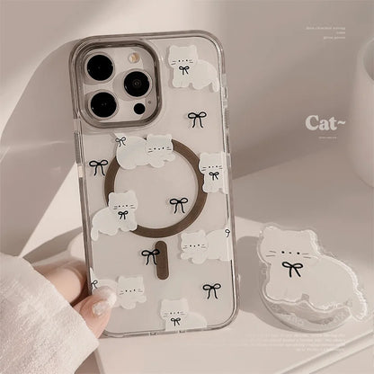Korean Cute Cartoon Cat Transparent Magnetic Holder Phone Case  For iPhone