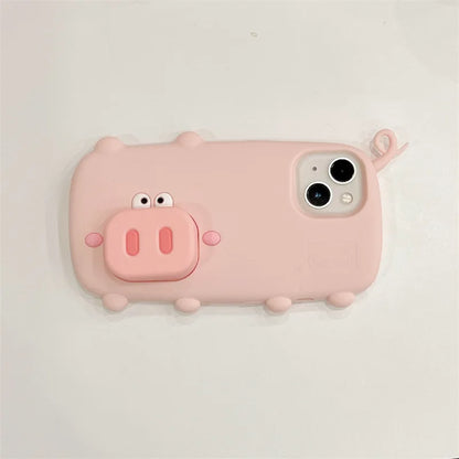 3D Cute Cartoon Pig Nose Telescopic Bracket Silicone Phone Case For iPhone