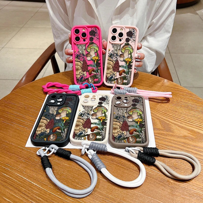 Colorful Mushroom Silicone Lanyard Rope Phone Case For IPhone