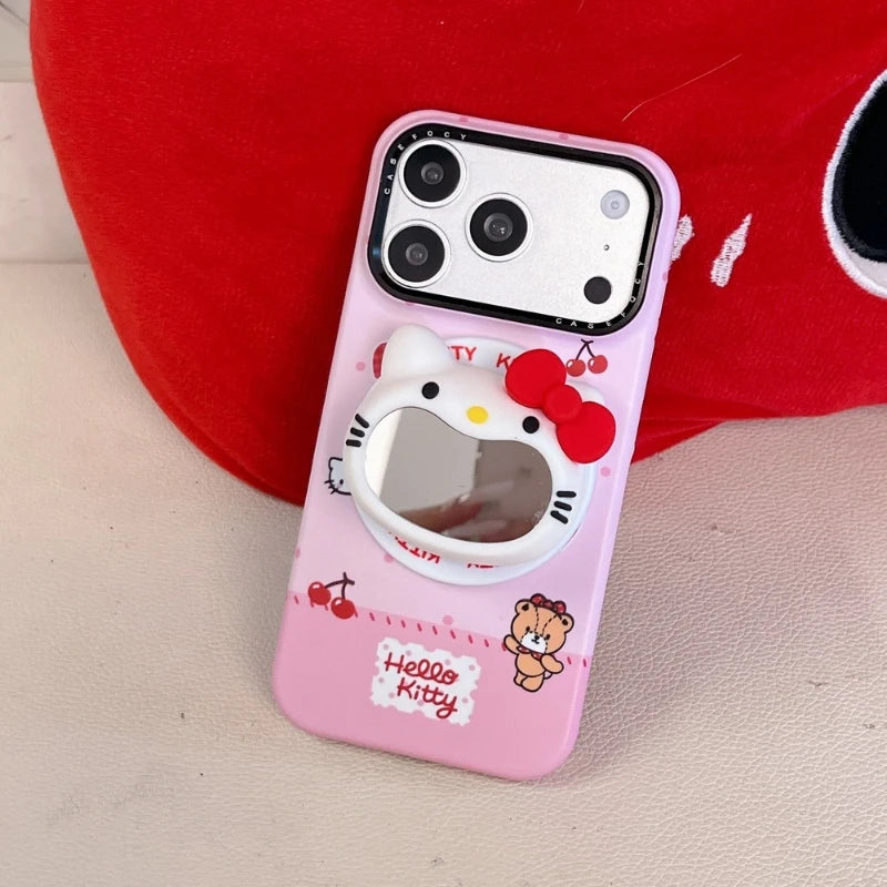 Cute Sanrio Hello Kitty Magnetic Makeup Mirror Holder Magsafe Wireless Charge Phone Case For iPhone