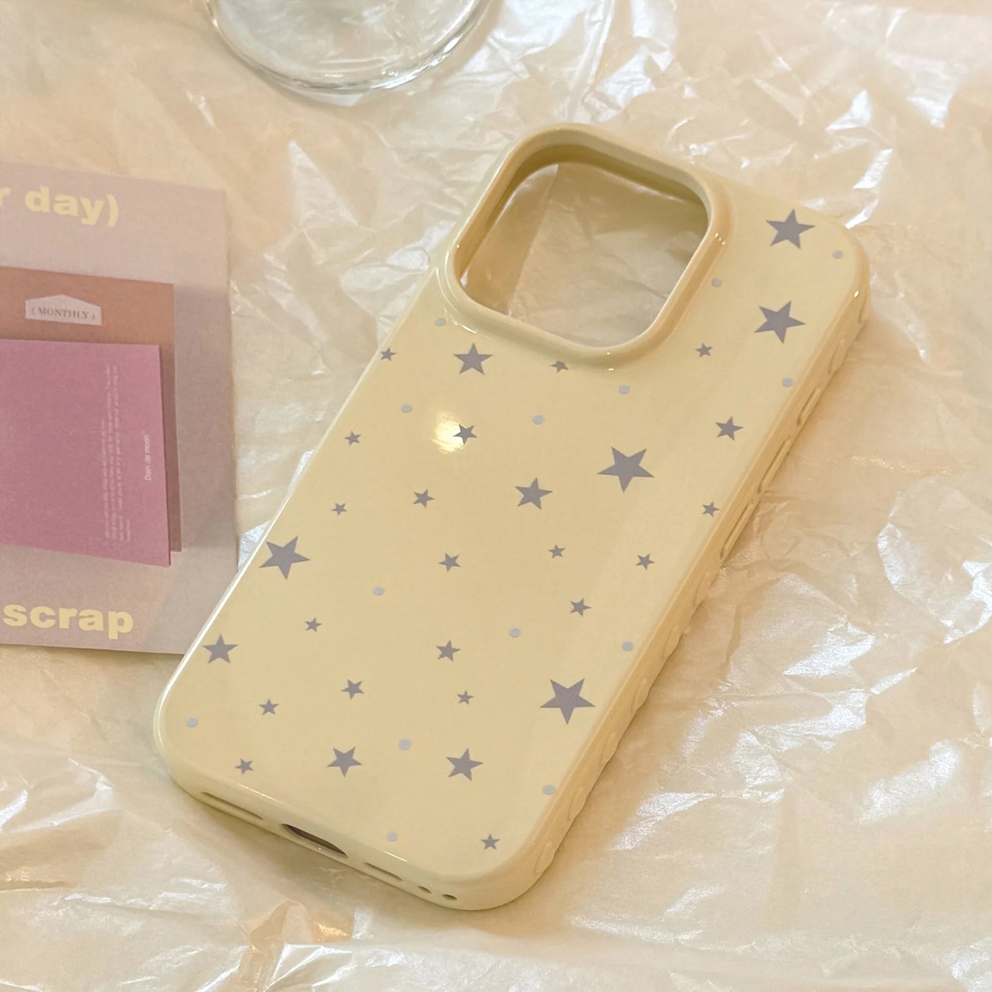Korean Style Yellow Full Screen Grey Stars Soft Phone Case For iPhone