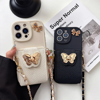 Cartoon Butterfly Crossbody Wallet Card Bag Phone Case For iPhone