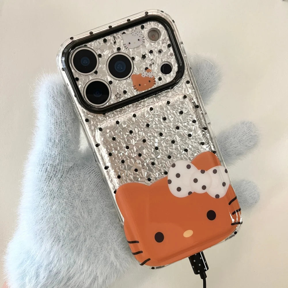 Black Polka Dot Hello Kitty Phone Case With Lanyard Shockproof Large Window Lens Protective Cover For iPhone