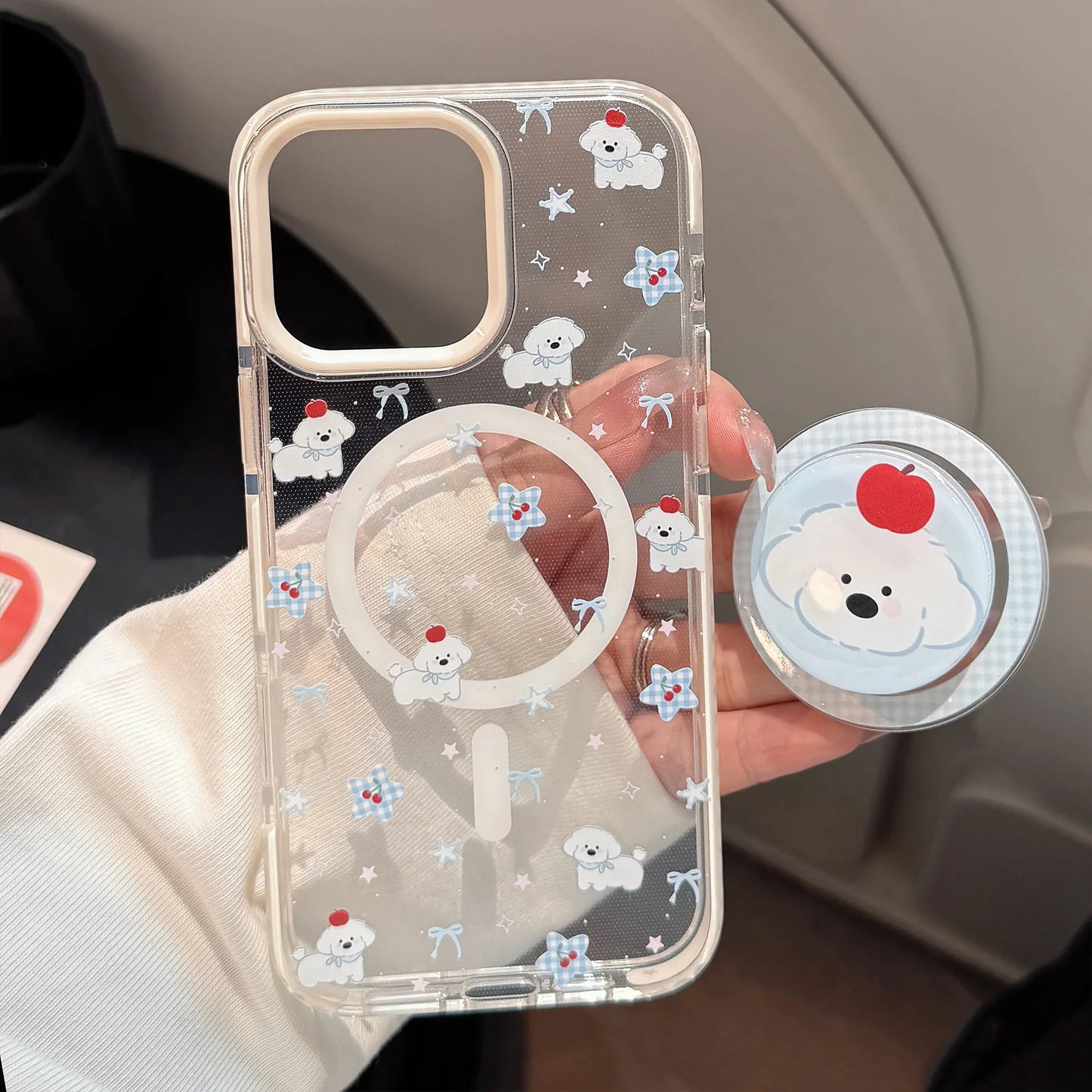 Korean Cute Cartoon Lattice Puppy Bracket Magnetic Phone Case For iPhone