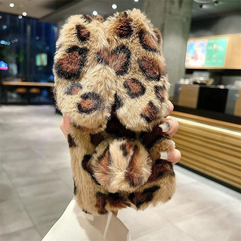 Cute Cartoon Leopard Print Bunny Fur Plush Phone Case For iPhone