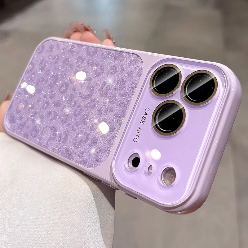Glitter Leopard Print Wrist Strap Case  For iPhone