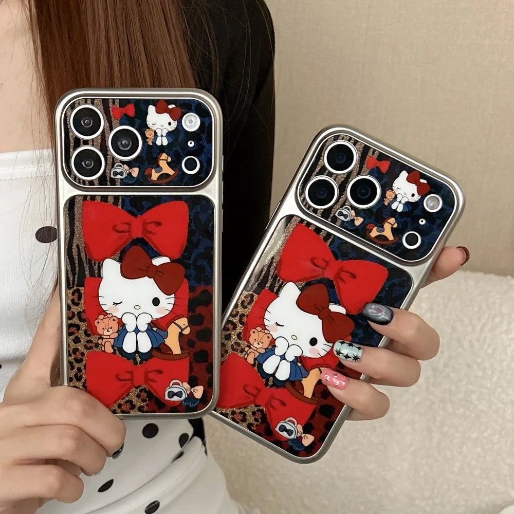 Luxury Cute Silver Framed Leopard Print Red Bow Kitty Phone Case For iPhone