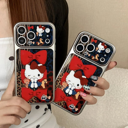 Luxury Cute Silver Framed Leopard Print Red Bow Kitty Phone Case For iPhone