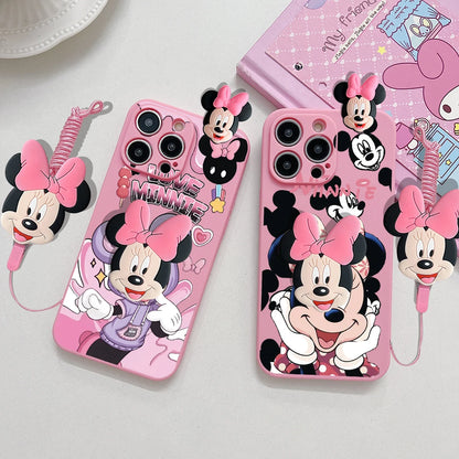 Cartoon Mickey Minnie Soft Case With Holder Rope Phone Case