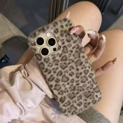 Winter Luxury Leopard fluffy Hand Warmer Plush Case For iPhone