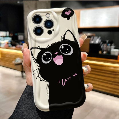 Cute Big Eyed Black Cat 3D Wave Phone Case  For iPhone