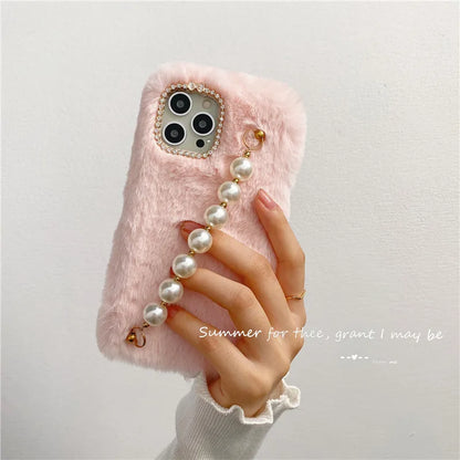 Autumn Winter Hairy Pearl Wrist Strap Phone Case For iPhone