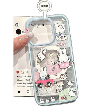 Cartoon Driving Miffy Phone Case Kawaii Listening Music Miffy Rabbit Magnetic Bracket Phone Case Suitable For iPhone